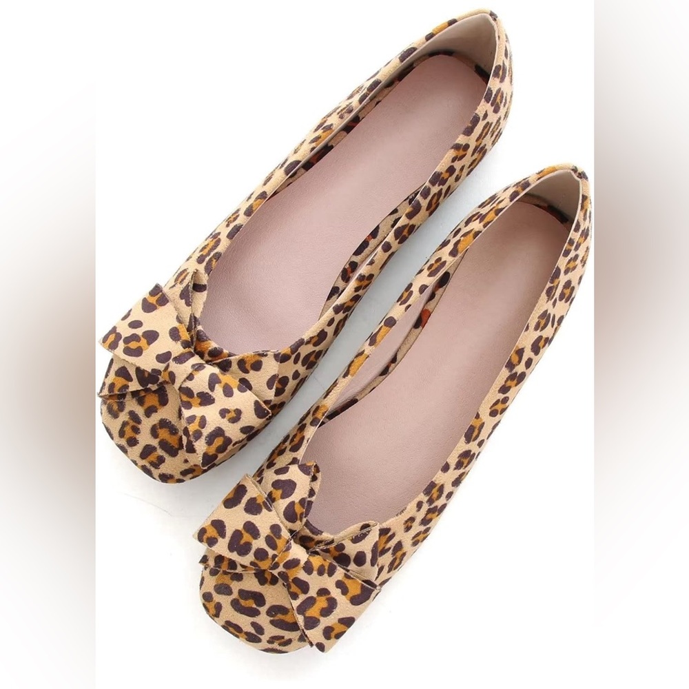 Leopard slip on square toe ballet sided loafers with bow knot, SZ 10